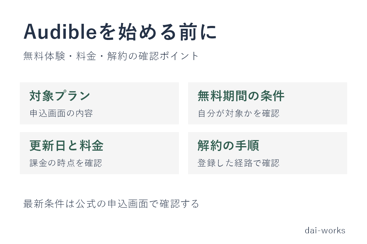 Audible無料体験の始め方と解約方法｜登録前に知っておくべき条件を整理した
